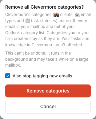 The Remove all Clevermore categories confirmation, with Also stop tagging new emails checked
