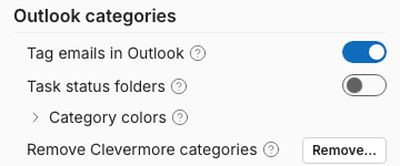 Settings, Outlook categories section, with Tag emails in Outlook, Task status folders and Remove Clevermore categories