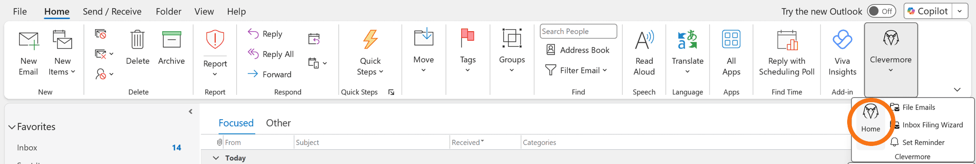 Outlook Home ribbon with the Clevermore dropdown open and the Home button highlighted