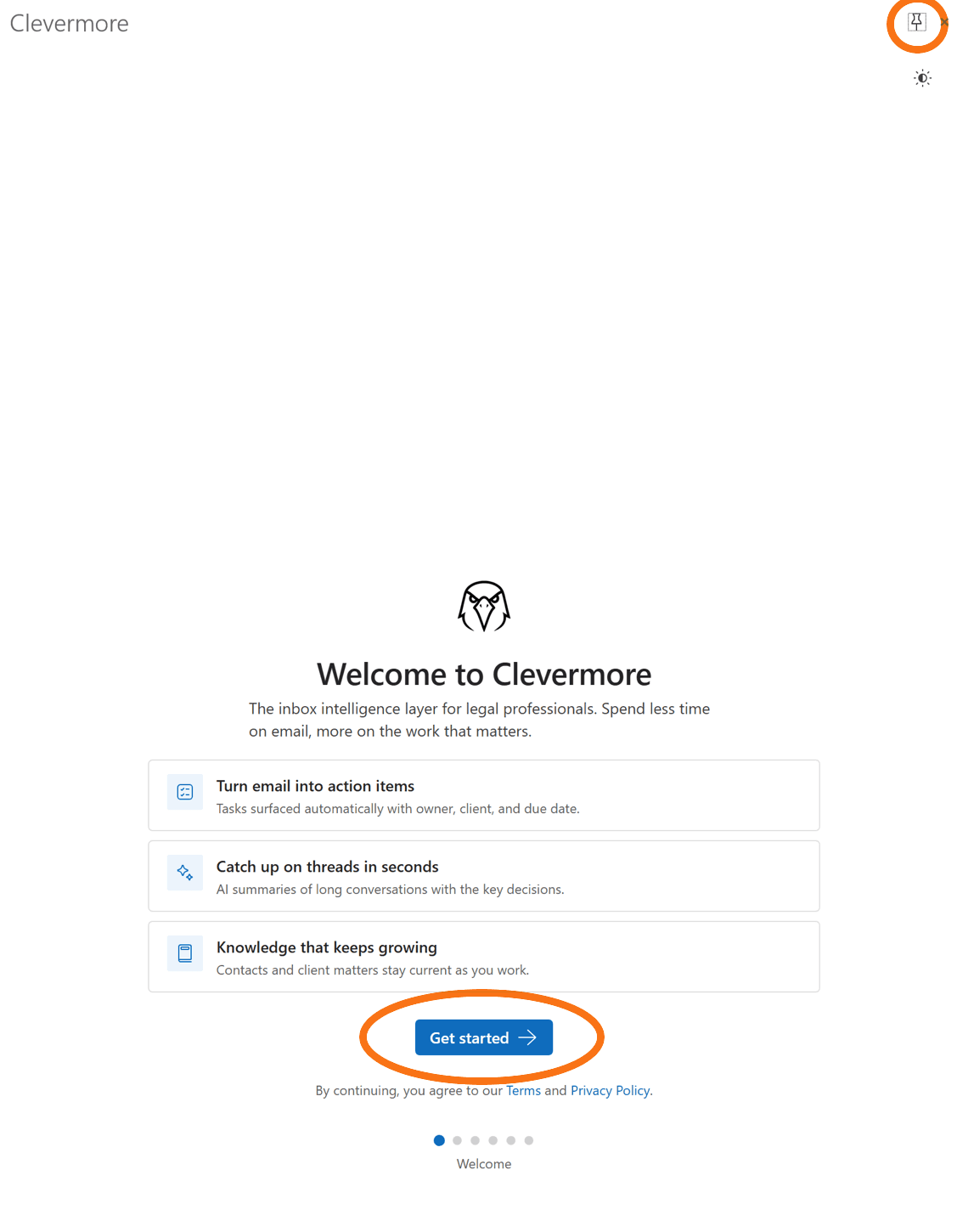 Clevermore welcome screen with the pin icon and Get started button both highlighted
