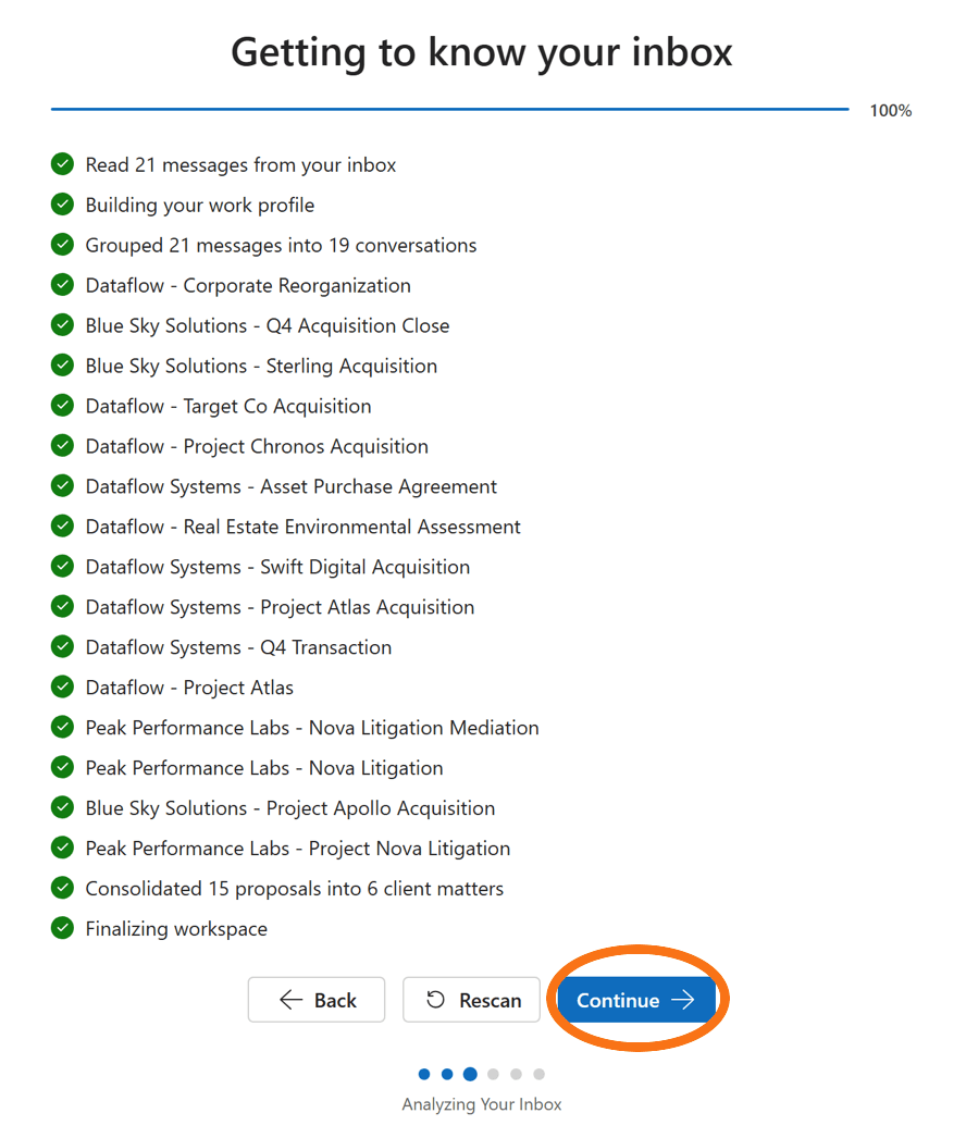 Inbox analysis screen with the Continue button highlighted