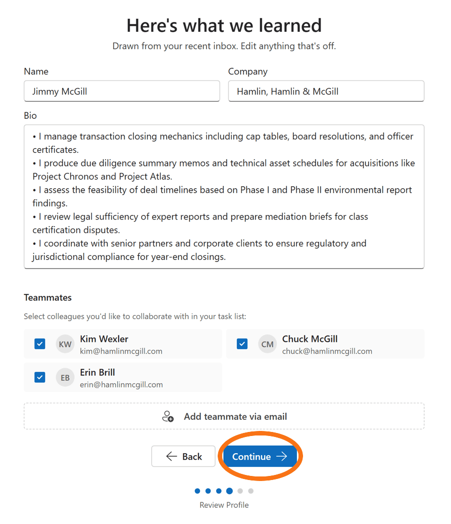 Review profile screen with the Continue button highlighted