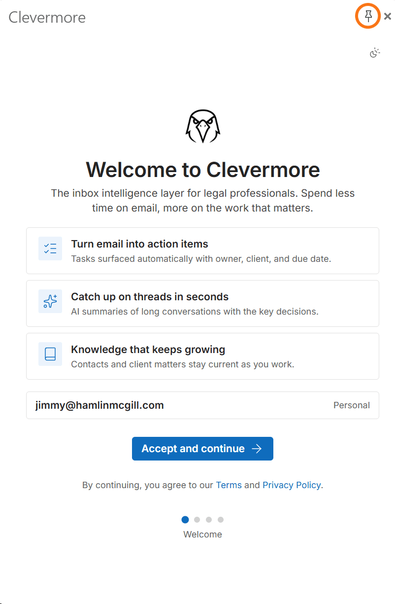 Clevermore welcome screen with the pushpin icon in the top-right corner highlighted, above the Accept and continue button