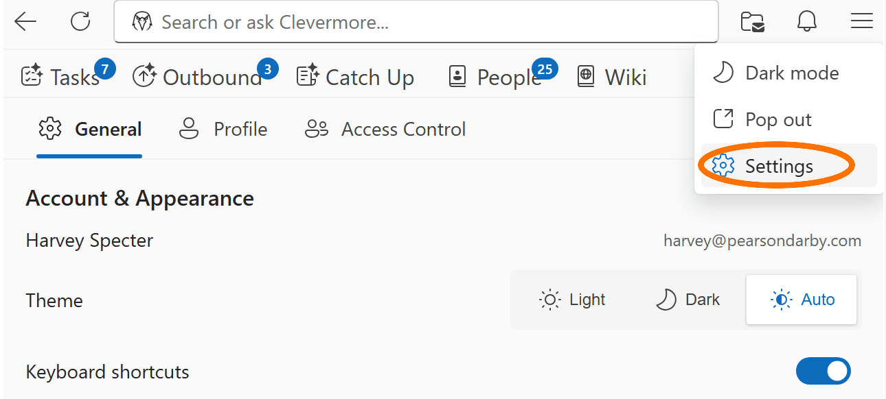 Clevermore taskpane overflow menu with the Settings item circled
