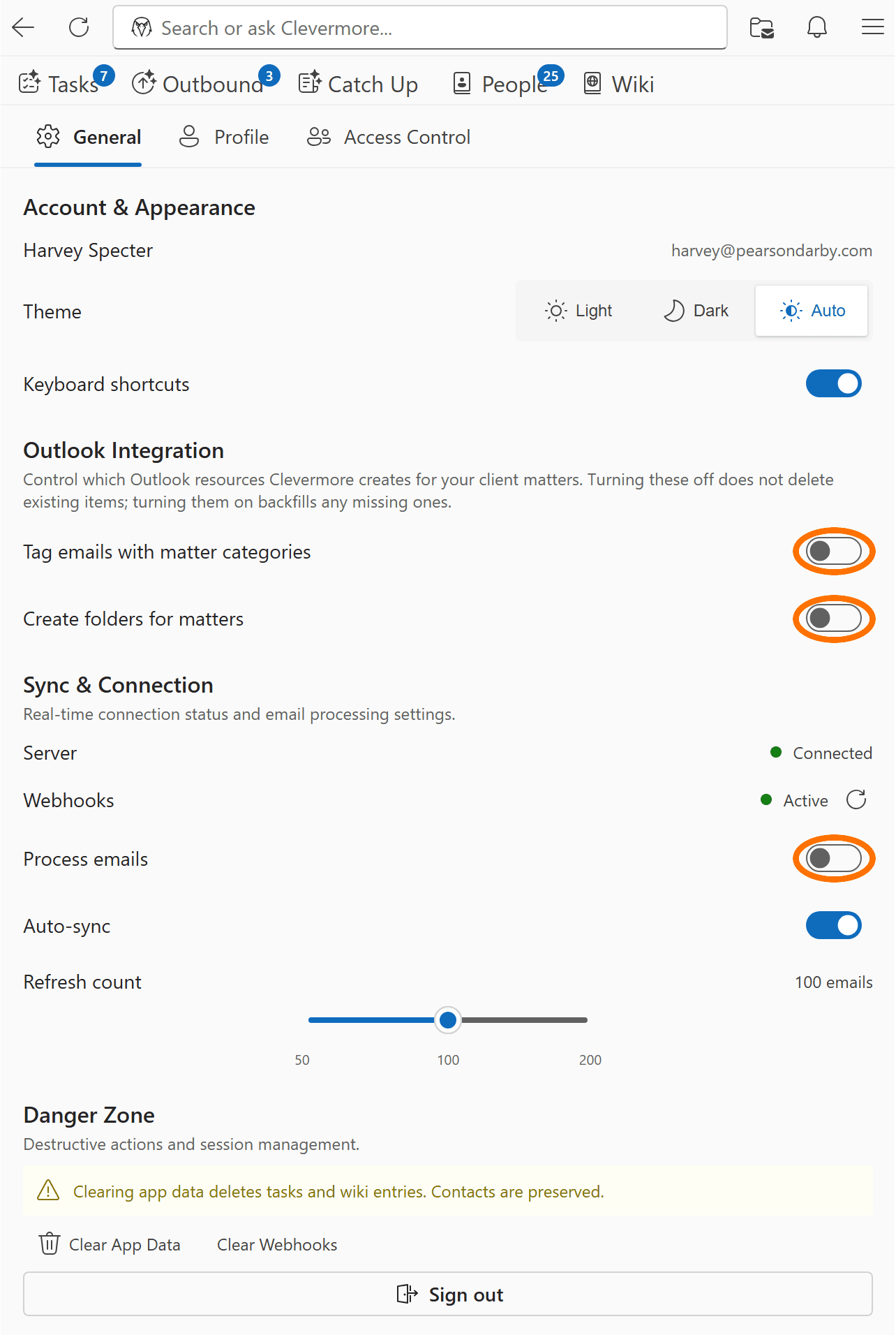Clevermore Settings page with the Tag emails and Process new emails toggles circled