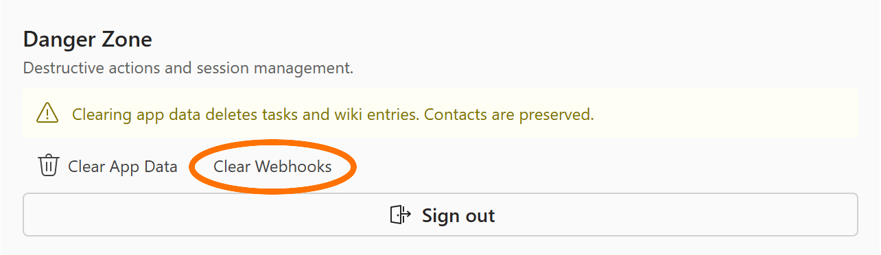 Danger Zone at the bottom of Clevermore Settings, with the Clear Webhooks button circled